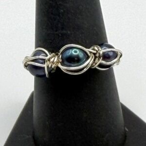 Silver Tone Blue Beaded Ring Size 9 Artisan Style Statement Ring